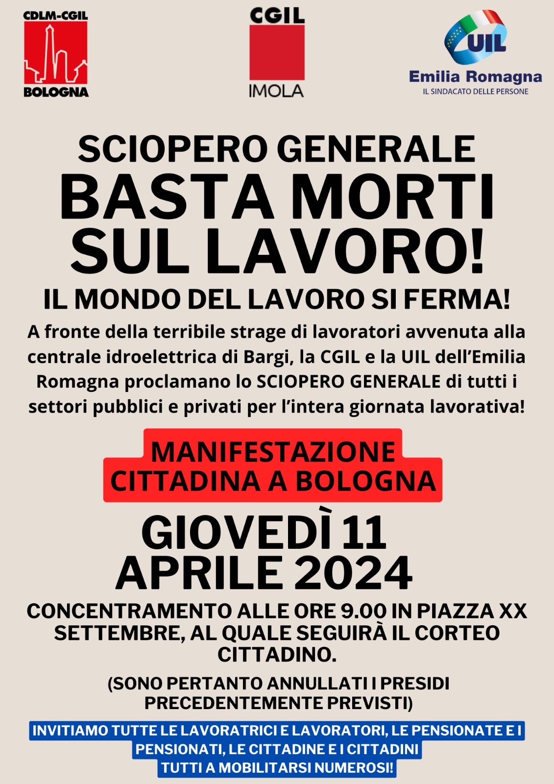 SCIOPERO GENERALE! ADESSO BASTA!  Domani 11 aprile manifestazione di Cgil Bologna e Uil Emilia-Romagna per dire basta alle morti sul lavoro