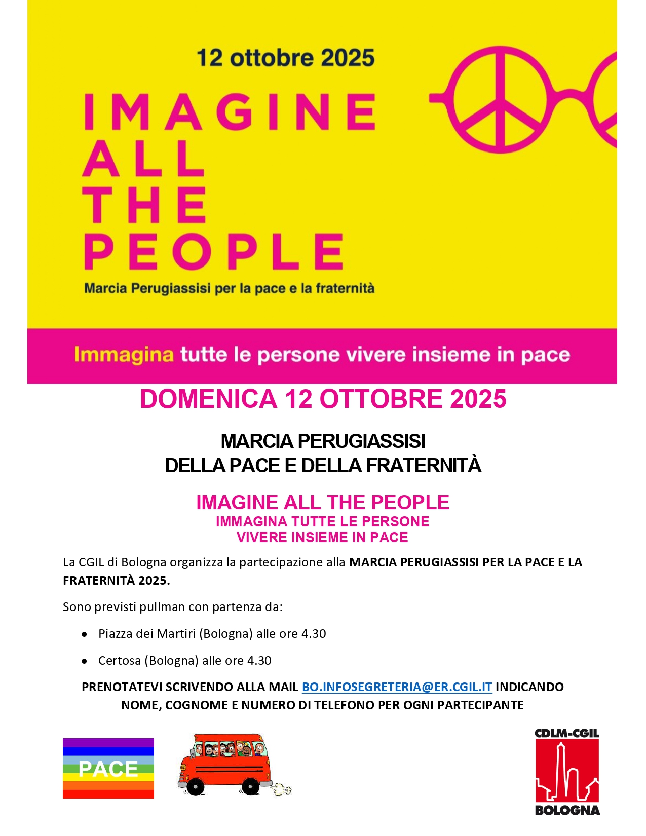 Perugia-Assisi del 12 ottobre, pullman da Bologna con la Cgil 