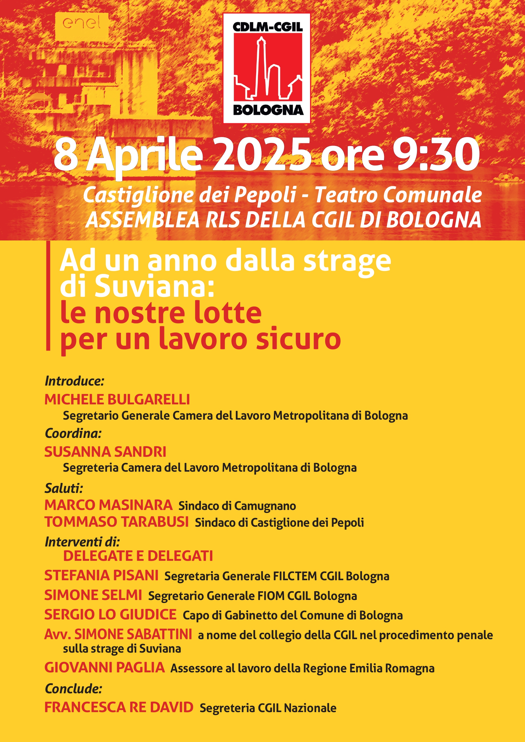 Marted&igrave; 8 aprile a Castiglione dei Pepoli Assemblea Rls a un anno dal disastro di Suviana